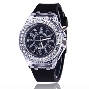 Jam tangan Quartz Digital Arab Led lampu bercahaya Flash berlian Geneva silikon Jelly multiwarna