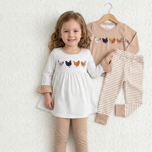 Ensemble de vêtements 2 pièces pour filles, robe à manches longues avec imprimé poulet et pantalon rayé, motif à pois confortable pour les tout-petits - Product Image 1