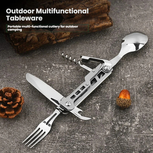 Juego de cubiertos portátiles multifunción de acero inoxidable, cuchillo, tenedor y cuchara, abridor de vino, juego de cubiertos plegables para acampar al aire libre - Product Image 2