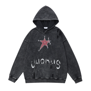 Sudadera con Capucha Estilo Acid Wash – Tejido Grueso de 400 GSM, Estilo Urbano Oversize – Sudadera Negra Vintage con Gráfico de Estrella y Detalles Desgastados - Product Image 1