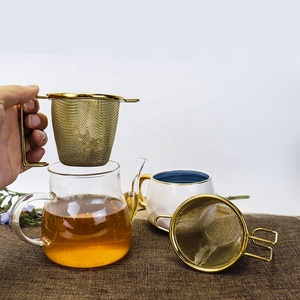 Titan mạ vàng thép không gỉ trà lọc lưới Mini bóng trà Infuser với hai xử lý trà tre Maker Mug nồi du lịch đặt - Product Image 2