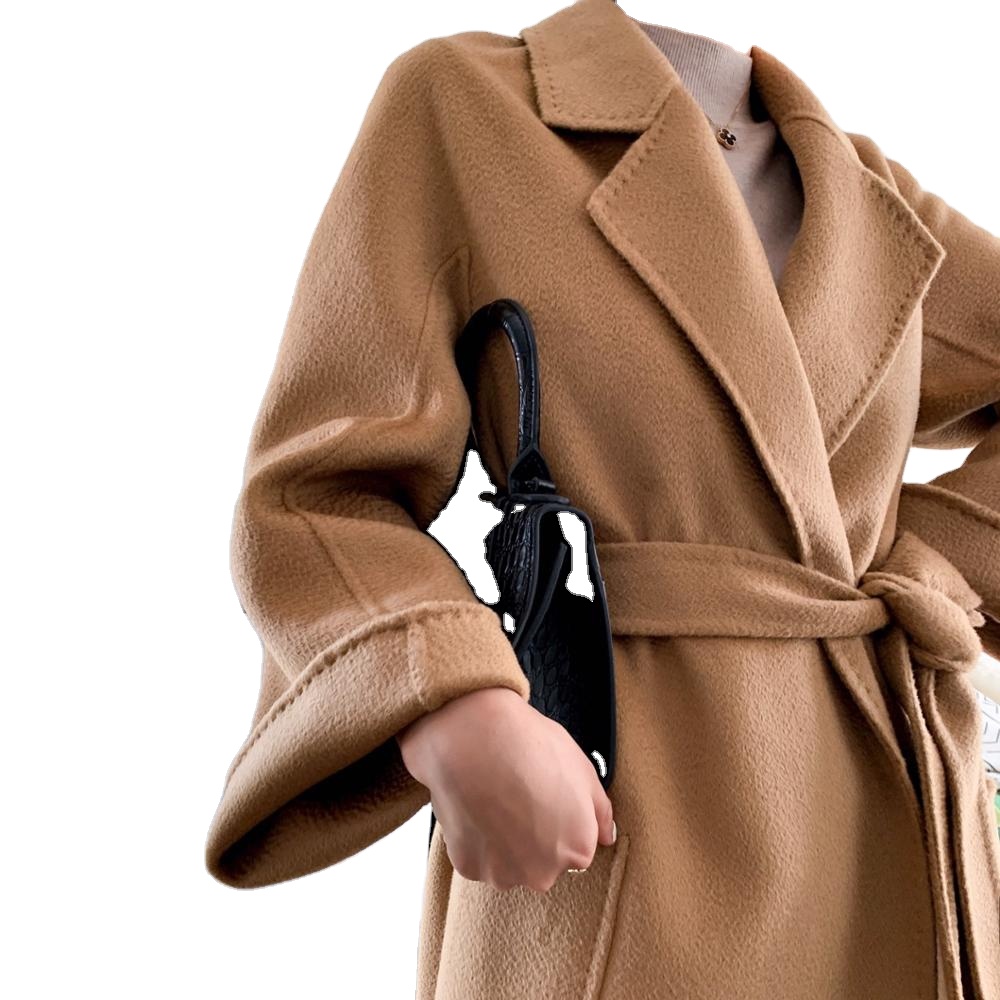 Notch Lapel Slim Fit Belted Solid Color Camel Cashmere Fabric Luxury Real Wool Coat Manufacturer