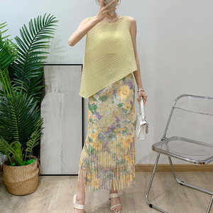 Ensemble jupe demi-longueur avec gland imprimé floral été 2025 nouvelle jupe plissée style niche tempérament ensemble deux pièces - Product Image 1