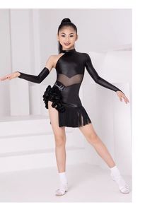 Sexy Vestido Negro de Baile Latino de una Manga Borlas Transpirables Disfraz de Samba Chachachá para Niños Competencia y Entrenamiento de Baile - Product Image 4