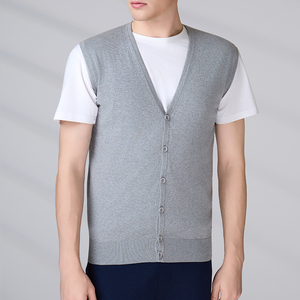 Gilet cardigan sans manches en coton gris tricoté à col en V pour homme, boutonné sur le devant, couleur unie, anti-boulochage, idéal pour l'automne - Product Image 3