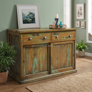 Antique Asian Teak <b>Cabinet</b> 2-Door Sliding with 2-Drawers Recycled Painted Solid Wood Furniture 150x60x90cm for Living Room Home - Product Image 3
