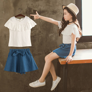 Ropa Infantil al por Mayor, Camiseta Blanca para Bebé, Pantalones Cortos de Mezclilla para Niños, Conjunto de Ropa para Niñas, Verano - Product Image 2
