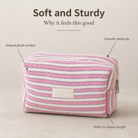 Mini trousse de toilette rayée en tissu éponge, mignonne et tendance, avec fermeture éclair et dragonne, sac de rangement portable, écologique et durable