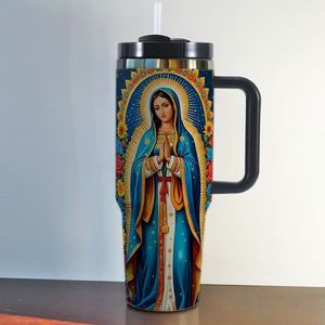 Venta al por mayor de fábrica, vaso térmico de acero inoxidable de 30oz y 40oz con logo personalizado, estampado de la Virgen de Guadalupe, para viaje y coche. - Product Image 4