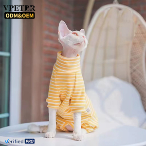 Vêtements pour <span class=keywords><strong>chat</strong></span> OEM et ODM : Nouveauté – Tenue d'été respirante à quatre pattes pour chaton Sphynx, motif rayé et dessin animé - Product Image 3
