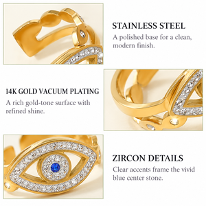 Gold Eye Motif Adjustable <b>Ring</b> <b>Stainless</b> <b>Steel</b> Zircon Jewelry with Blue Center Stone and 14K Gold Vacuum Plating - Product Image 2