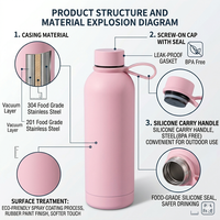 Bouteille d'eau isotherme à double paroi 500 ml, finition mate personnalisée, petite ouverture, revêtement en caoutchouc, cadeau promotionnel, qualité alimentaire