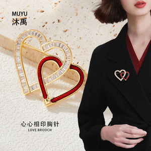 Heart Brooch <b>Gold</b> Red <b>String</b> Zircon Inlay Women's Fashion Pin Autumn Winter Gift - Product Image 2