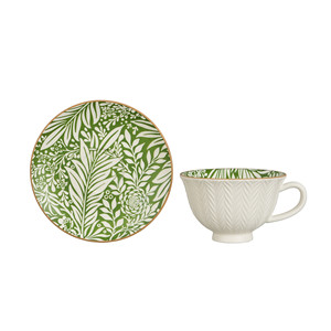 Service de table en porcelaine de luxe 20 pièces, tasses et soucoupes en céramique, motif feuille élégant en relief, impression tampon, forêt de saules vertes - Product Image 6