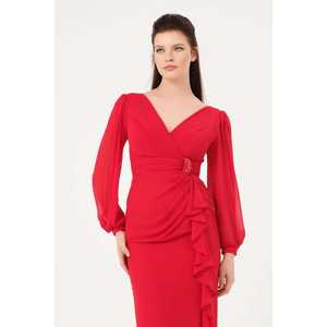 1618 Vestido de noche con cuello en V, de gasa, con lazo y cintura natural, color rojo - Product Image 1