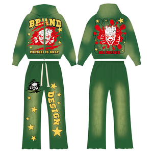 Biểu Tượng Tùy Chỉnh 100% Bông Áo & Quần 2 Mảnh Tracksuit Cổ Điển Rửa Axit In Đầy Đủ Zip Hoodies & Bùng Quần Chạy Bộ Thiết Lập - Product Image 5