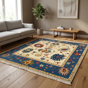 Alfombra Anudada a Mano, Lavable, Antideslizante, Ecológica, Resistente a las Manchas, Apta para Mascotas, Color Sólido, Base Azul, Rectangular, de Lana - Product Image 1