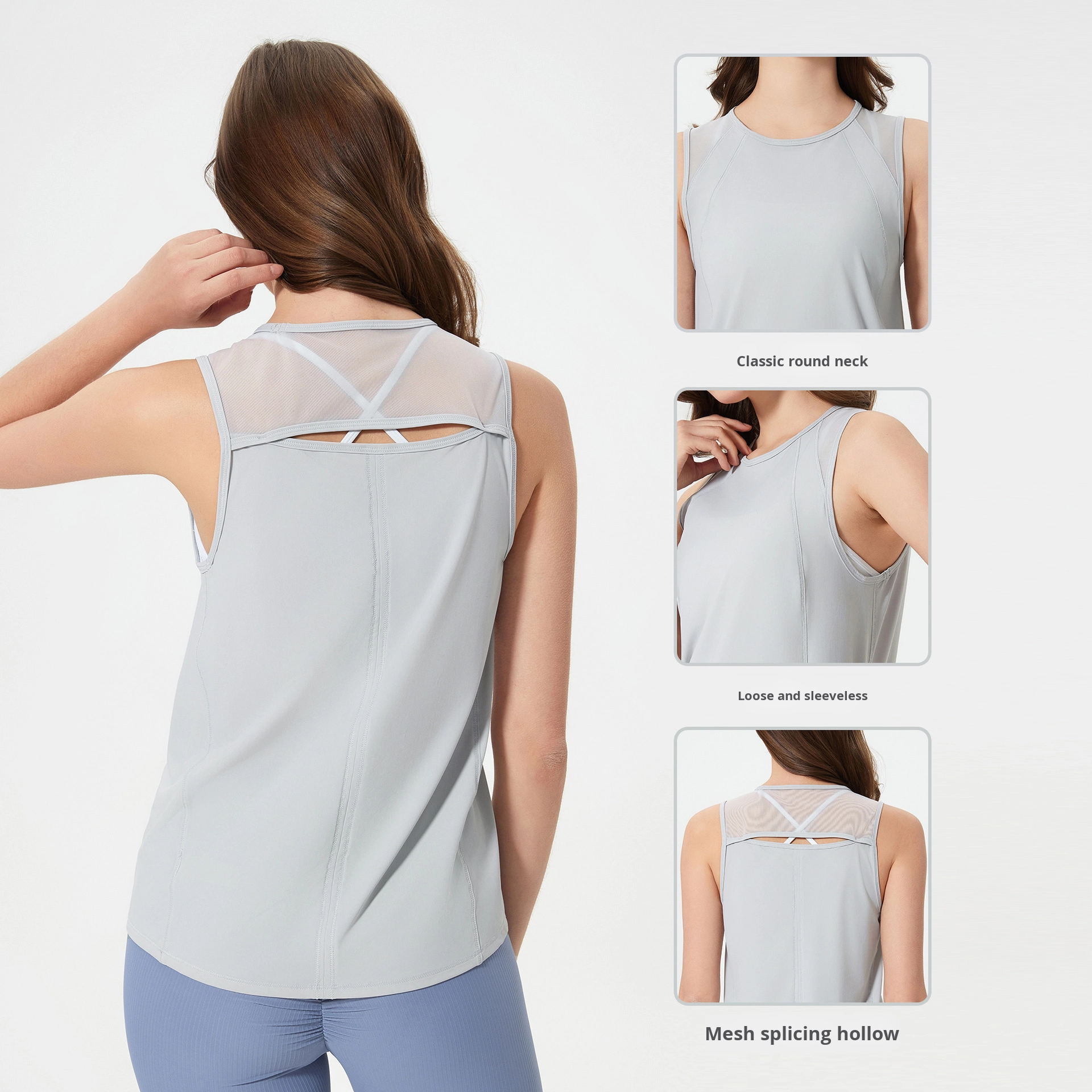 Women's Quick-Dry Four-Way Stretch Breathable Lightweight Spandex/Nylon Tank Top Sports Cover-Up Yoga Wear Fitness Crew Neck