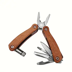 Mini Portable Multitool Camping Tool Gifts Folding Pocket Knife Wooden Handle Pliers With LED Light