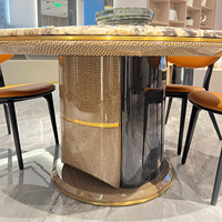 Nouvel ensemble de salle à manger rond haut de gamme 2026 avec plateau en marbre naturel, décoration en métal doré, table et chaises 6 places pour hôtel