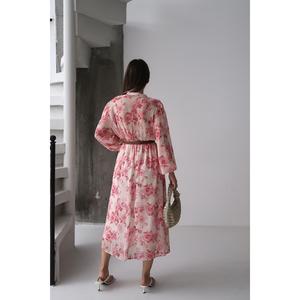 Vestido Casual con Estampado Floral Rosa, Cuello con Solapa, Silueta Holgada, Tejido Transpirable, Cintura Natural, para Uso Diario - Product Image 1