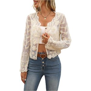 Women's Lace Floral Embroidered Blouse Balloon Sleeve Sheer Mesh Button Down <b>Top</b> Party Boho Style - Product Image 1