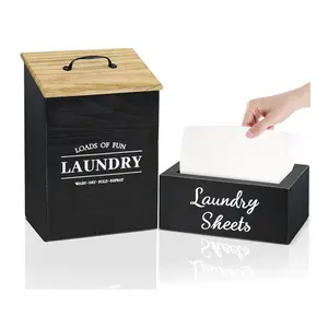 Unique Black Wooden Lint Trash Can Dryer Sheet Holder And Dispenser Box Magnetic Lint Bin Set For Laundry Room Organization