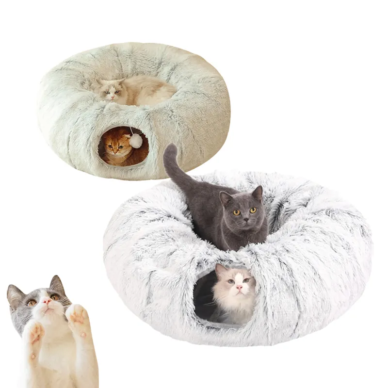 Tempat tidur terowongan kucing donat domba rumah hewan peliharaan tempat tidur terowongan kucing berkualitas tinggi terowongan kucing dapat dilipat dengan tikar pusat