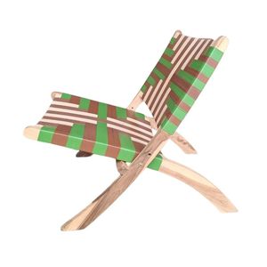 Chaise de jardin pliable en teck avec siège en tissu rayé, chaise longue d'extérieur au design contemporain, pieds effilés - Product Image 6