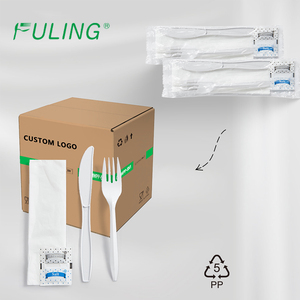 طقم أدوات مائدة بلاستيكية FULING متوسطة الوزن 2.5 جرام، أبيض، مخصص، بالجملة، يشمل ملعقة وشوكة للاستخدام مرة واحدة مع منديل - Product Image 1