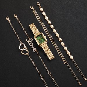 स्टाइलिश 5 pcccs लड़की घड़ी उपहार सेट फैंसी गोल्ड क्वार्ट्ज महिलाओं के लिए शानदार स्क्वायर ग्रीन वॉच सेट देखें - Product Image 5