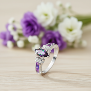 Bague de fiançailles pour femme en alliage plaqué argent 925, sertie de zircone cubique multicolore de laboratoire, taille marquise, monture à griffes - Product Image 2