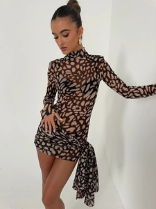 Lady Spring Slim Elegant Party Club Dress Long Sleeve Mini Dress Turtleneck Sexy Sheer Print <span class=keywords><strong>Leopard</strong></span> Bandage Women Dress - Product Image 2