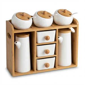 Ingrosso su misura 8 pz bottiglia di condimento alla rinfusa organizzatore di erbe in <span class=keywords><strong>ceramica</strong></span> bianca Set di barattoli di <span class=keywords><strong>spezie</strong></span> con coperchio e scaffale - Product Image 1