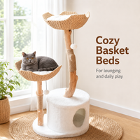 Arbre à chat minimaliste en bois massif avec panier en rotin, poteau à gratter en corde, emballé en carton, tour d'activités intérieure pour chats - Vente en gros