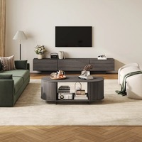 Table basse ovale contemporaine écologique gris mat avec plateau ouvert et étagère, idéale pour appartements et hôtels, MOQ 100 pièces
