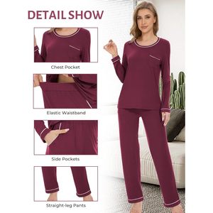Conjunto de Pijama Largo de Viscosa de Bambú para Mujer, Manga Larga, Cuello Redondo, Ropa de Dormir Suave, Ropa de Estar por Casa - Product Image 4