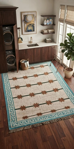 Tapis artisanal en laine et jute bleu à bordures bohèmes, motif géométrique Kilim, pour salon ou chambre, revêtement de sol style sud-ouest, taille personnalisable - Product Image 3