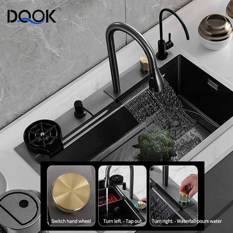 Waterfall Kitchen Sink with Whole Set Accessories SUS304 Stainless Steel Sinks Multi Function Single Big Bowl