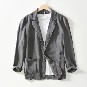 Großhandel Herren Baumwoll-Leinen-<span class=keywords><strong>Blazer</strong></span> Einfarbig Frühling Casual Langarm Einreihig Doppelknopf V-Ausschnitt - Product Image 2
