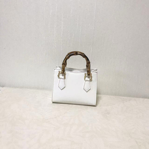 White PU Mini <b>Bag</b> with Bamboo Handle & Logo Clasp Elegant Style <b>Large</b> Capacity Portable 7 Inch Hand-Carry for All Seasons - Product Image 2