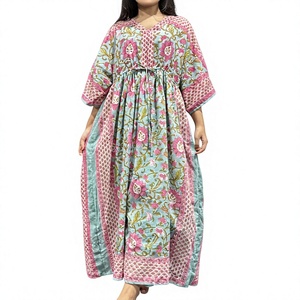 Women's Floral Printed Cotton Kaftan Maxi <b>Dress</b> <b>Boho</b> Lounge <b>Summer</b> Autumn Breathable A-Line Relaxed Fit V-Neck XXS - Product Image 5