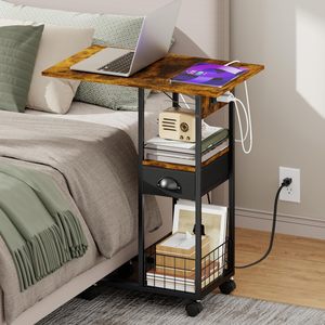 Tavolino <span class=keywords><strong>da</strong></span> Caffè a Forma di C con Stazione di Ricarica, Comodino Spazioso con Prese di Corrente - Product Image 1