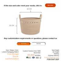 Panier à linge en corde de coton beige avec garniture perlée, double poignée, grande capacité pour l'organisation de la maison, décoration de salon, commande en gros