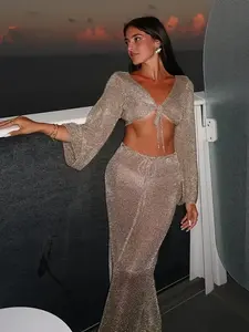 Completo da Spiaggia Sexy in Tinta Unita, Copricostume Lavorato a Maglia 2 Pezzi, Estate 2026, Top con Maniche a Campana e Lacci, Gonna Lunga per Donna - Product Image 1