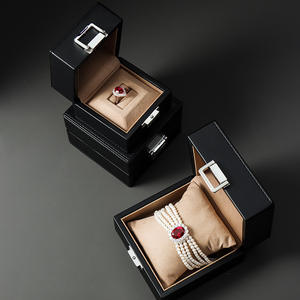 High-end <b>black</b> and brown <b>leather</b> jewelry box for storing diamond and colored gemstone rings and necklaces - in stock now - Product Image 5