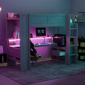 Loft Bed With Desk Combination Grey <b>Solid</b> <b>Wood</b> Frame Storage <b>Bookcase</b> Staircase Storage For Bedroom Kids And Adults - Product Image 2
