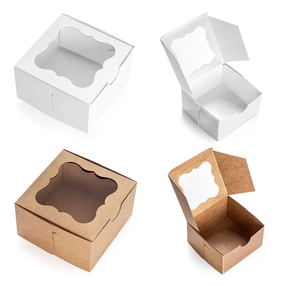 4x4x2,5 ''коричнево-белая хлебобулочная коробка с окошком, подарочные упаковочные коробки для пирожных, маленьких тортов, пирогов