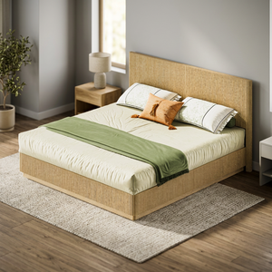 OE HOME King Size Adjustable <b>Bed</b> <b>Frame</b> Modern Tufted <b>Soft</b> <b>Bed</b> Oak MDF+Steel Panel-Corrugated Curved Lines 5-Year Warranty Hotel - Product Image 3