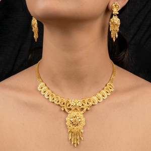 Supreme Quality Women's Solid Gold <b>Floral</b> <b>Box</b> Chain Necklace Classic Wedding Jewelry Set with Matching Earrings - Product Image 1